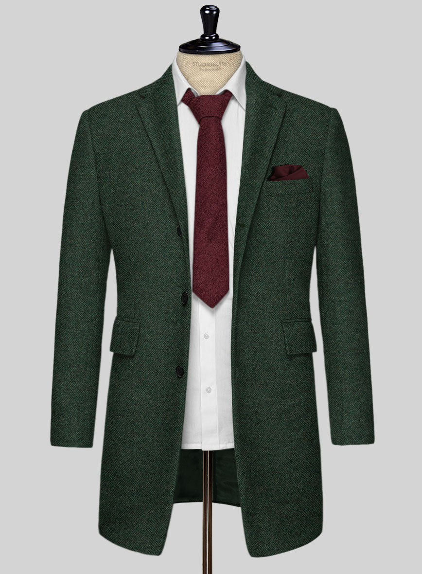 Bottle Green Herringbone Tweed Overcoat - StudioSuits