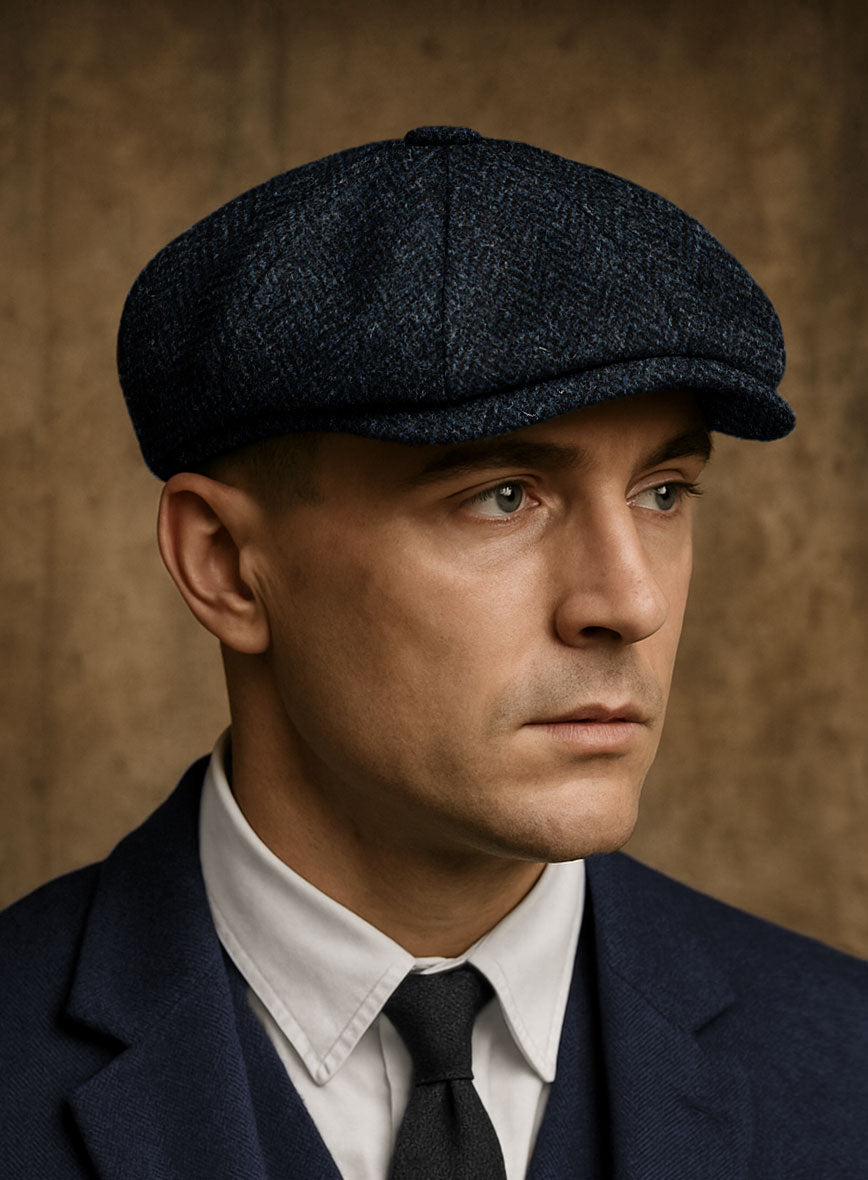 Harris Tweed Dark Blue Herringbone Newsboy Cap - StudioSuits