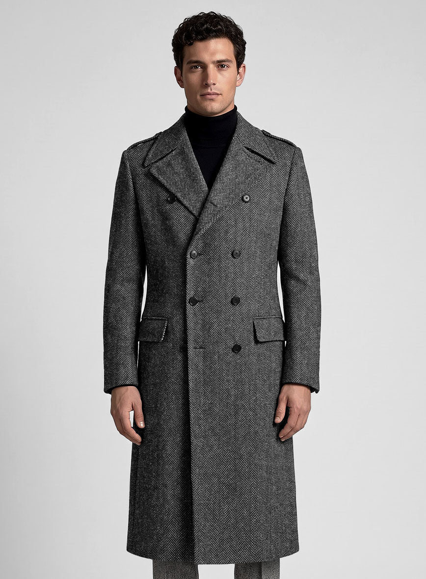 Harris Tweed Dark Gray Herringbone GQ Overcoat – StudioSuits