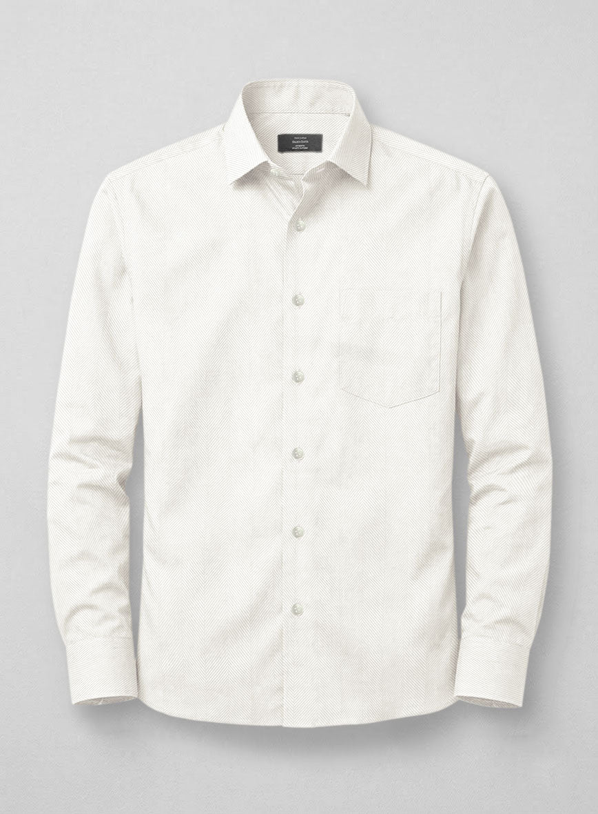 Front view of an off-white wide herringbone shirt with chest pocket and spread collar