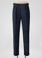 Italian Prato Dark Blue Dobby Linen Highland Trousers - StudioSuits