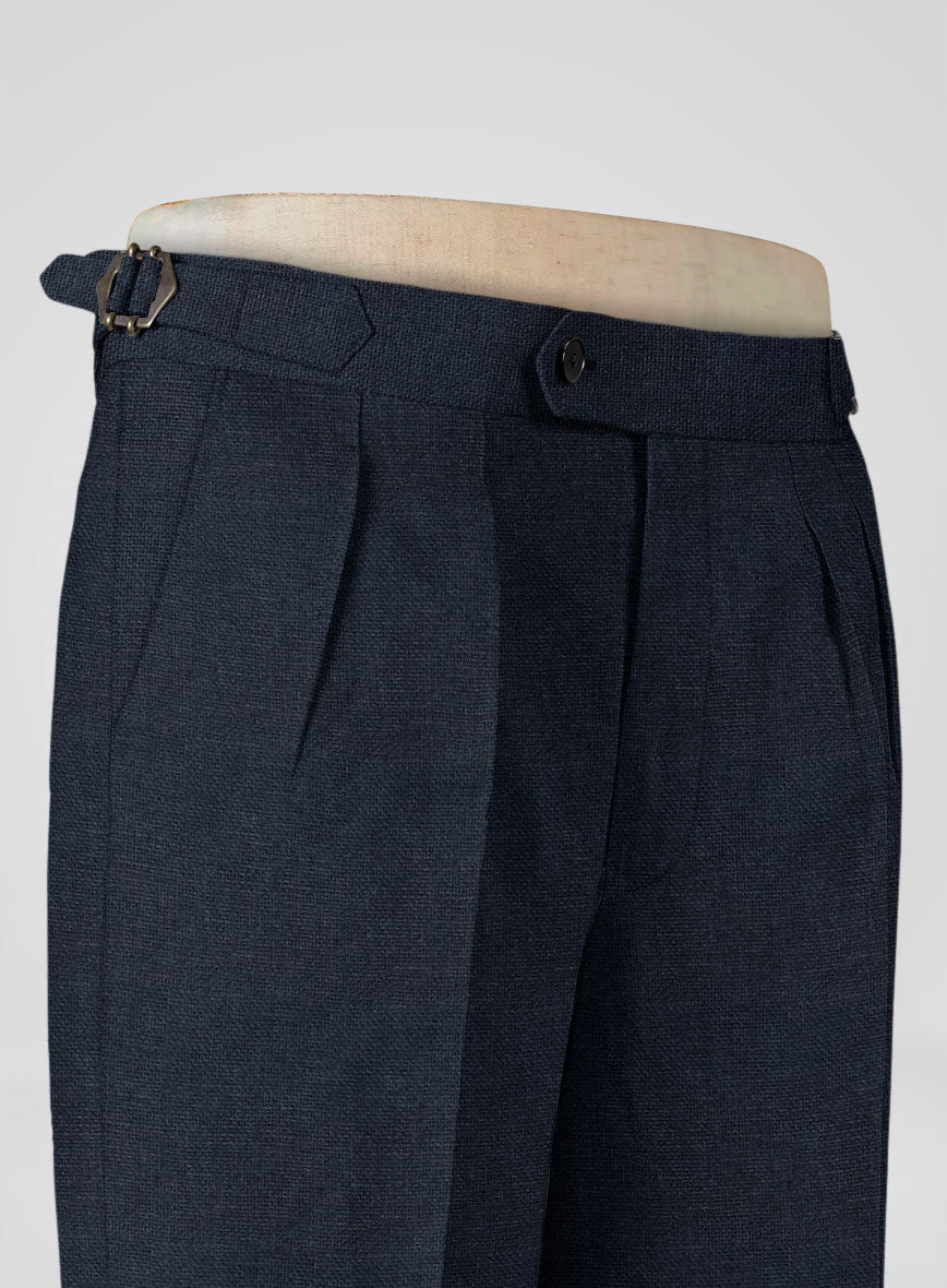 Italian Prato Dark Blue Dobby Linen Highland Trousers - StudioSuits