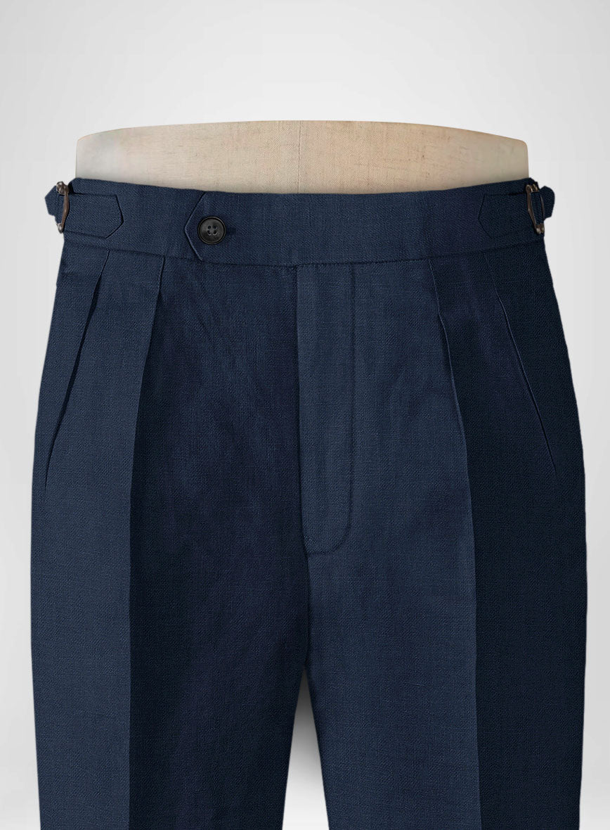 Italian Prato Oxford Blue Linen Highland Trousers - StudioSuits