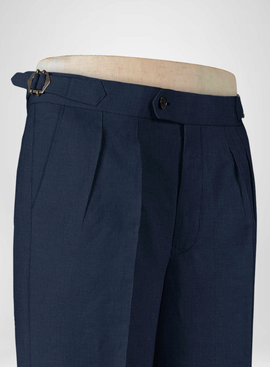 Italian Prato Oxford Blue Linen Highland Trousers - StudioSuits