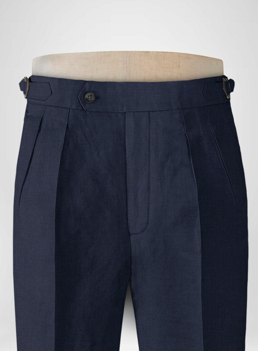 Italian Prato Oxford Blue Linen Highland Trousers - StudioSuits