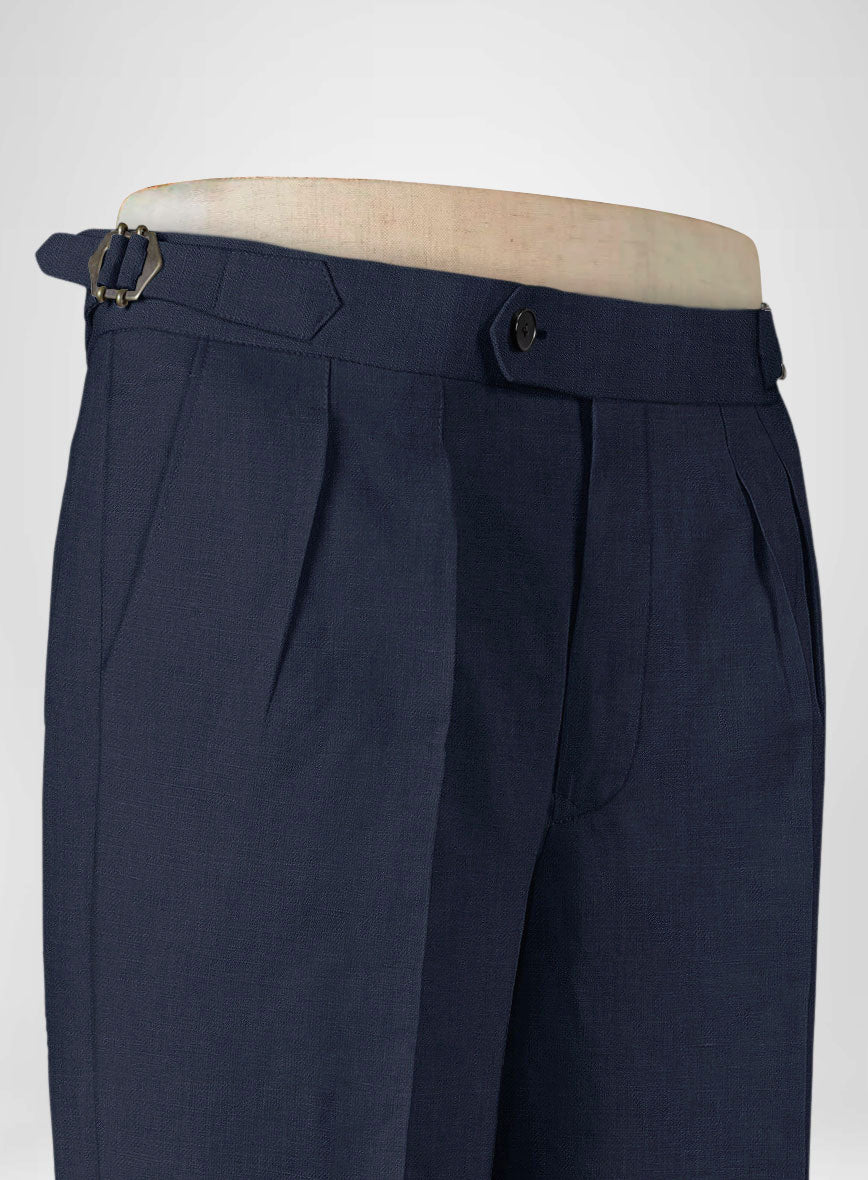 Italian Prato Oxford Blue Linen Highland Trousers - StudioSuits