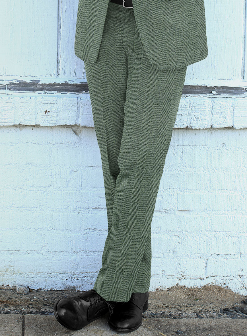 Naples Wide Herringbone Sage Green Tweed Pants - StudioSuits