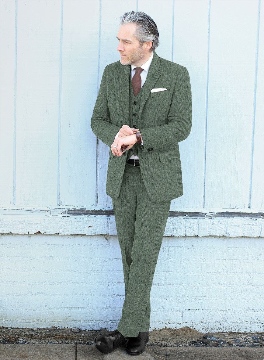 Naples Wide Herringbone Sage Green Tweed Suit - StudioSuits