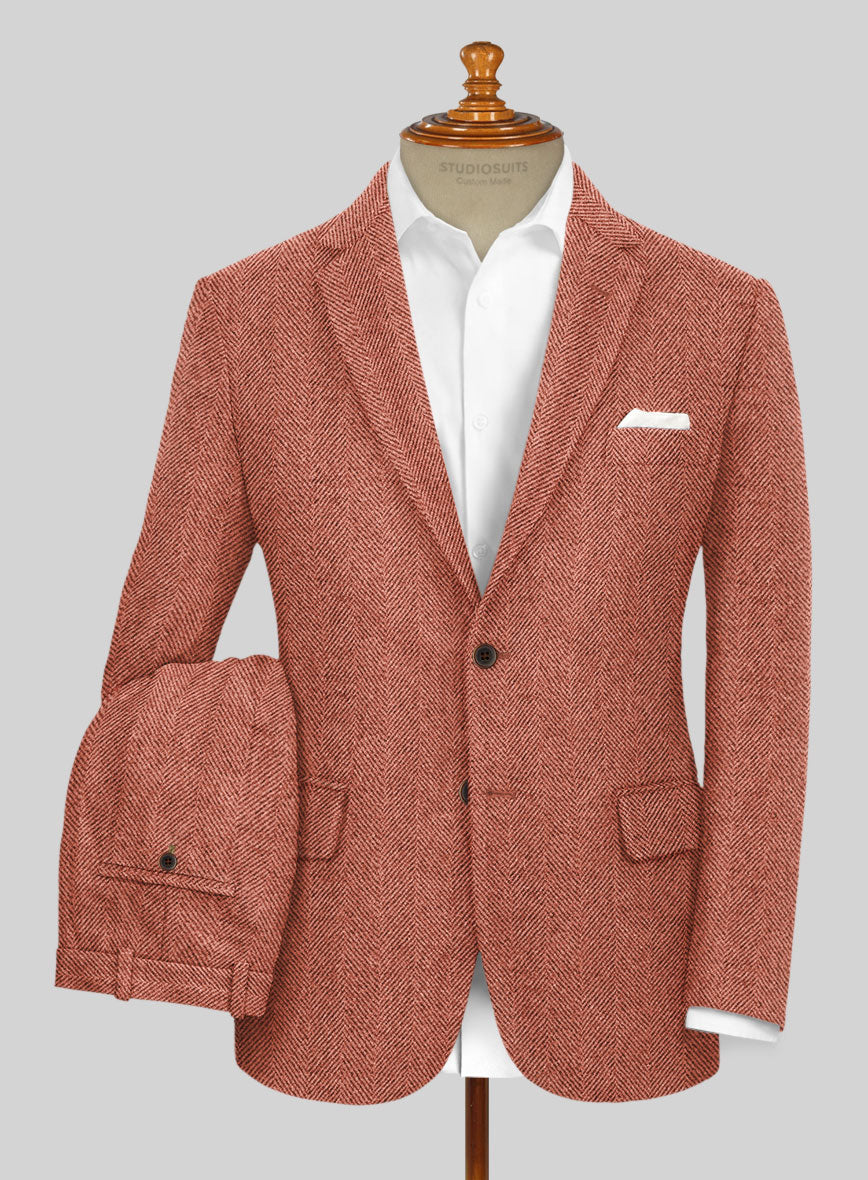 Naples Wide Herringbone Caramine Pink Tweed Suit - StudioSuits