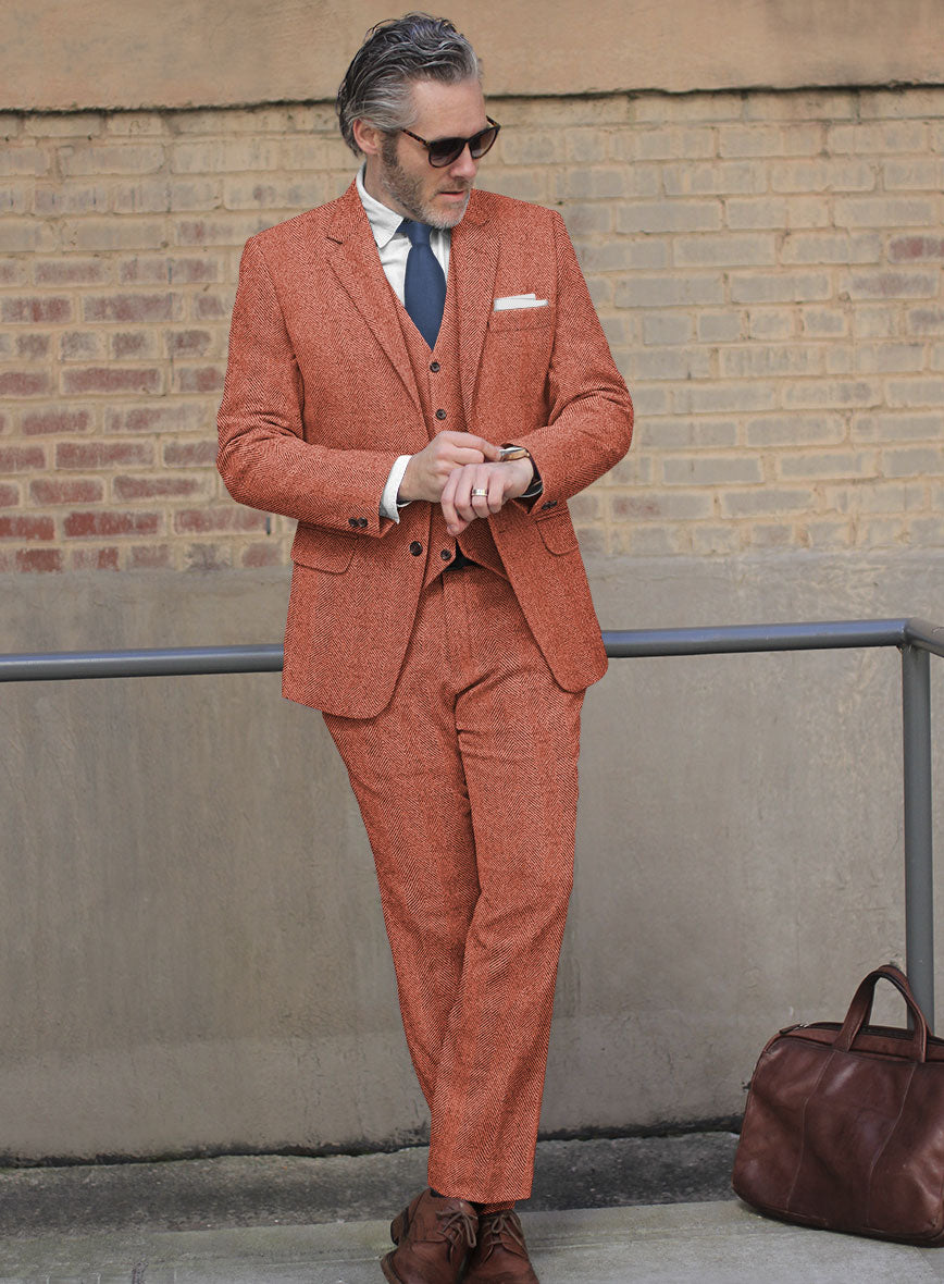 Naples Wide Herringbone Caramine Pink Tweed Suit - StudioSuits