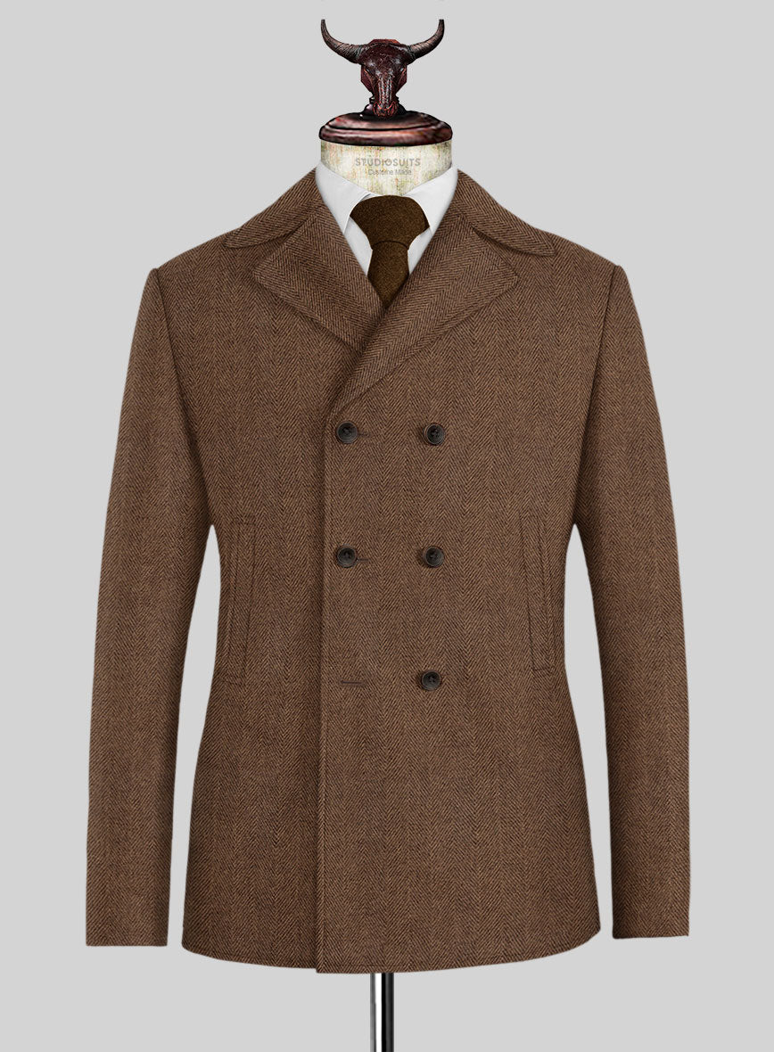 Naples wide Herringbone Tan Tweed Pea Coat - StudioSuits