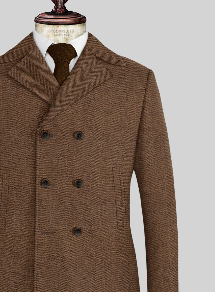 Naples wide Herringbone Tan Tweed Pea Coat - StudioSuits