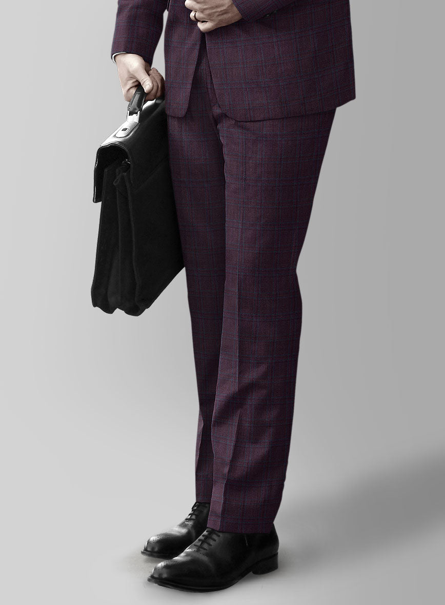 Reda Dark Wine Checks Wool Pants - StudioSuits