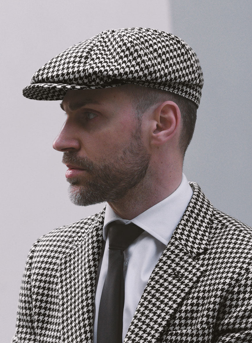 Big Houndstooth BW Tweed Newsboy Cap - StudioSuits