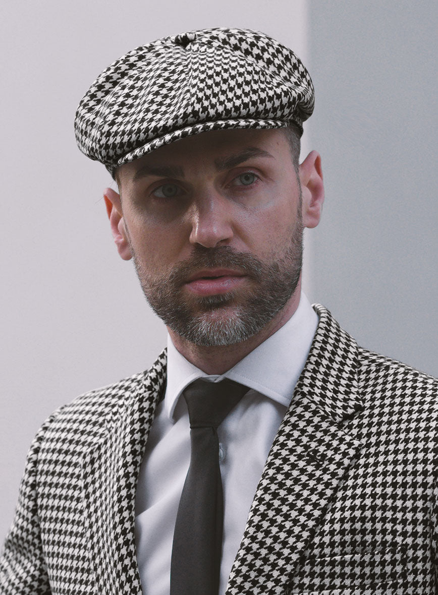 Big Houndstooth BW Tweed Newsboy Cap - StudioSuits