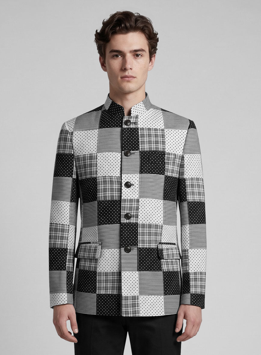 Black & White Madras Patchwork Nehru Jacket - StudioSuits