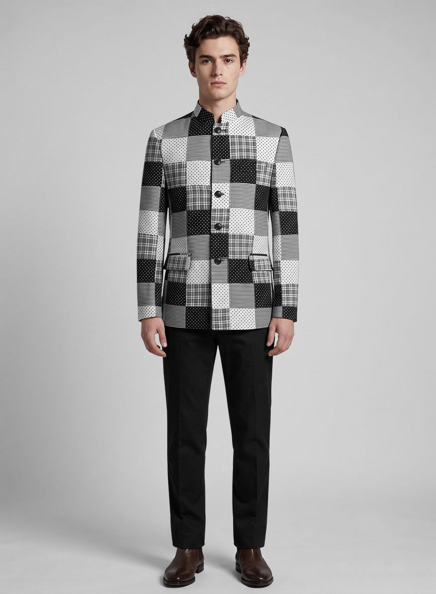 Black & White Madras Patchwork Nehru Jacket - StudioSuits