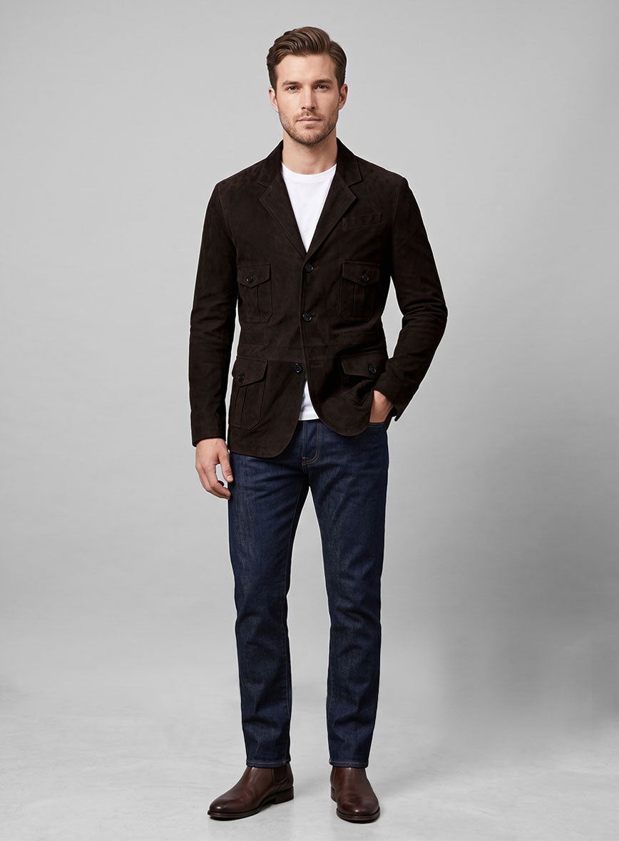 Black Coffee Suede Leather Blazer - #712 - StudioSuits