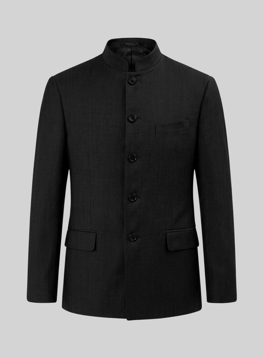 Black Merino Wool Nehru Jacket - StudioSuits