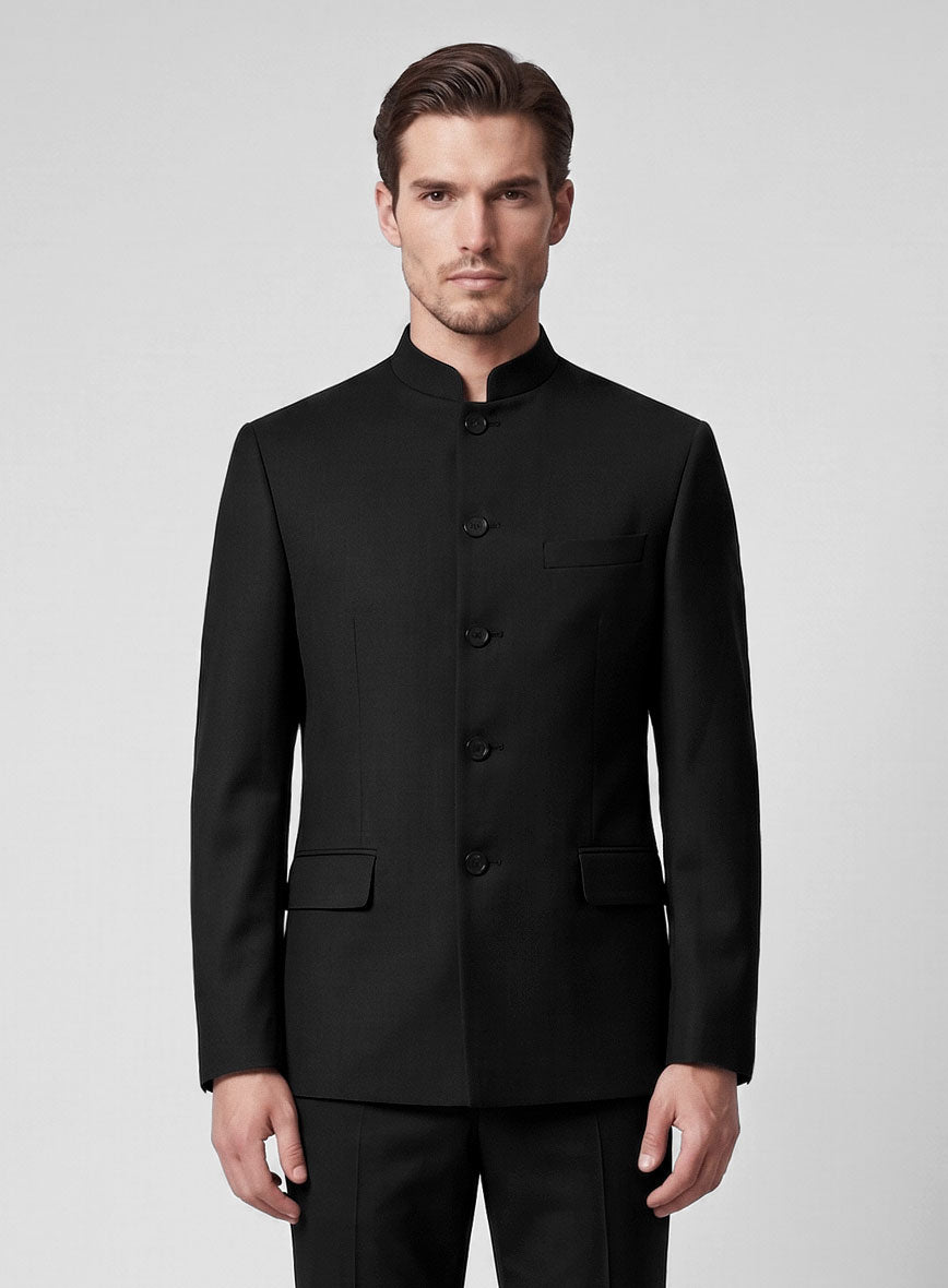 Black Merino Wool Nehru Jacket - StudioSuits