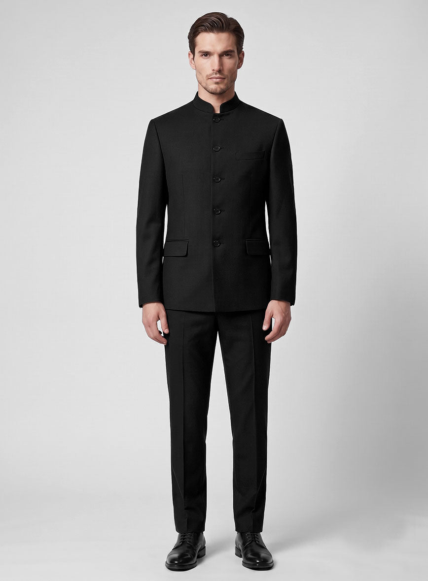 Black Merino Wool Nehru Jacket - StudioSuits