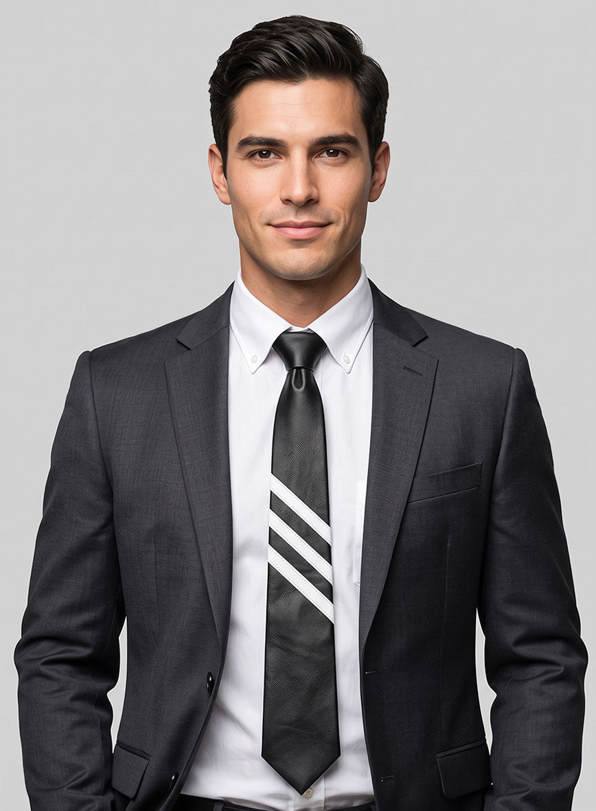 Black Triple Stripe Leather Tie - StudioSuits