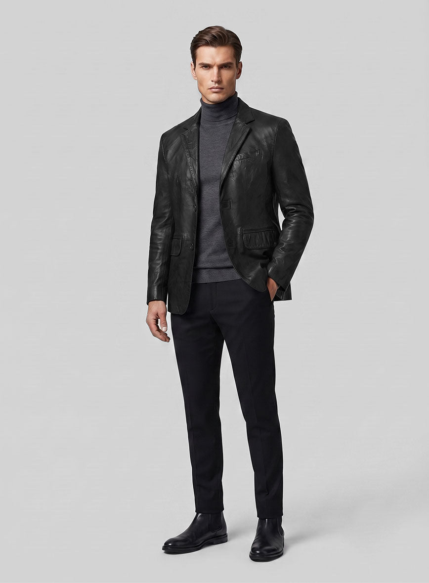 Black Washed and Wax Leather Blazer - StudioSuits