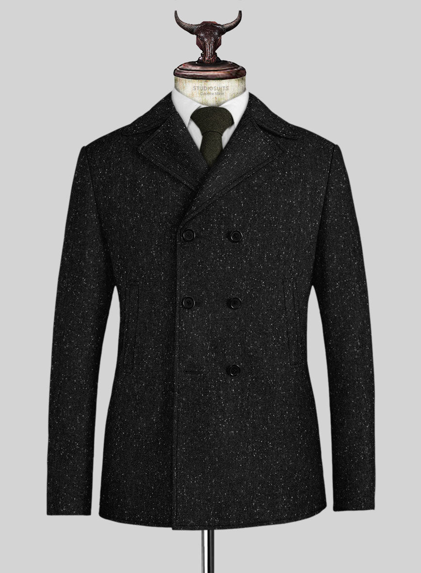 Black Flecks Donegal Tweed Pea Coat - StudioSuits