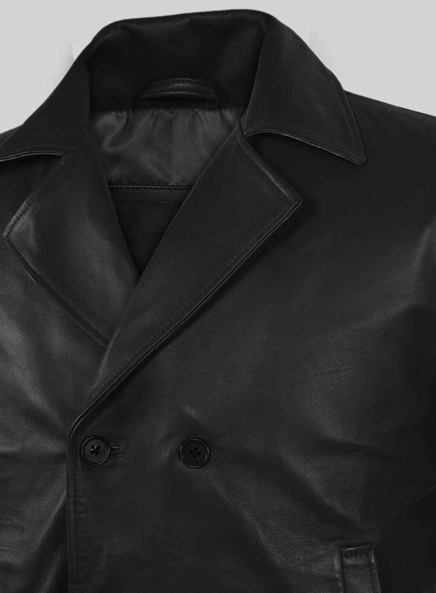 Black Leather Pea Coat - StudioSuits