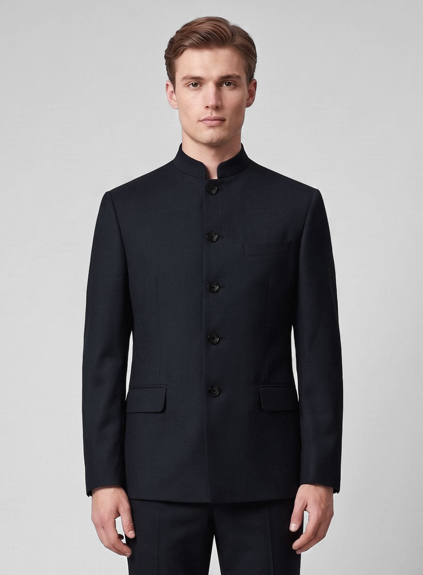 Blue Merino Wool Nehru Jacket - StudioSuits