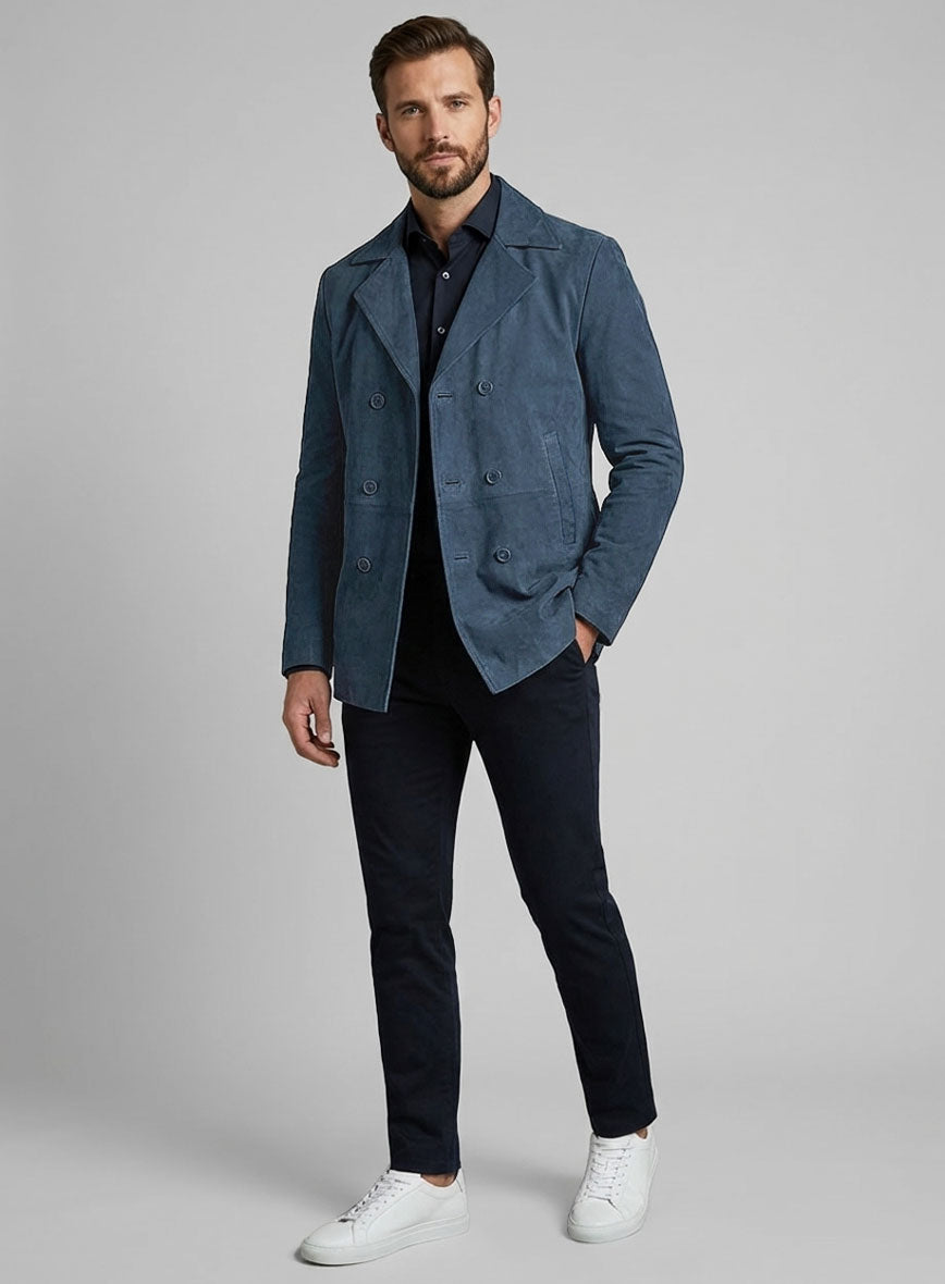 Blue Suede Leather Pea Coat - StudioSuits