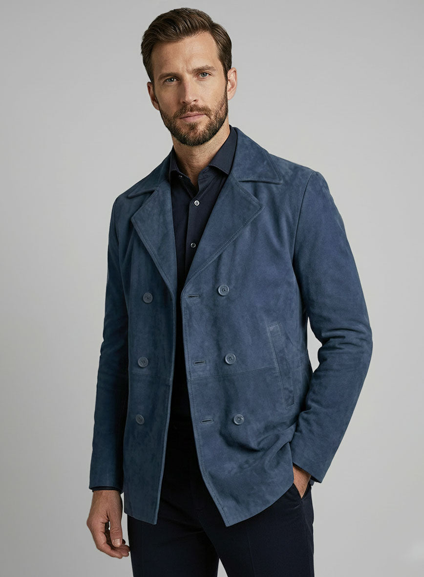 Blue Suede Leather Pea Coat - StudioSuits