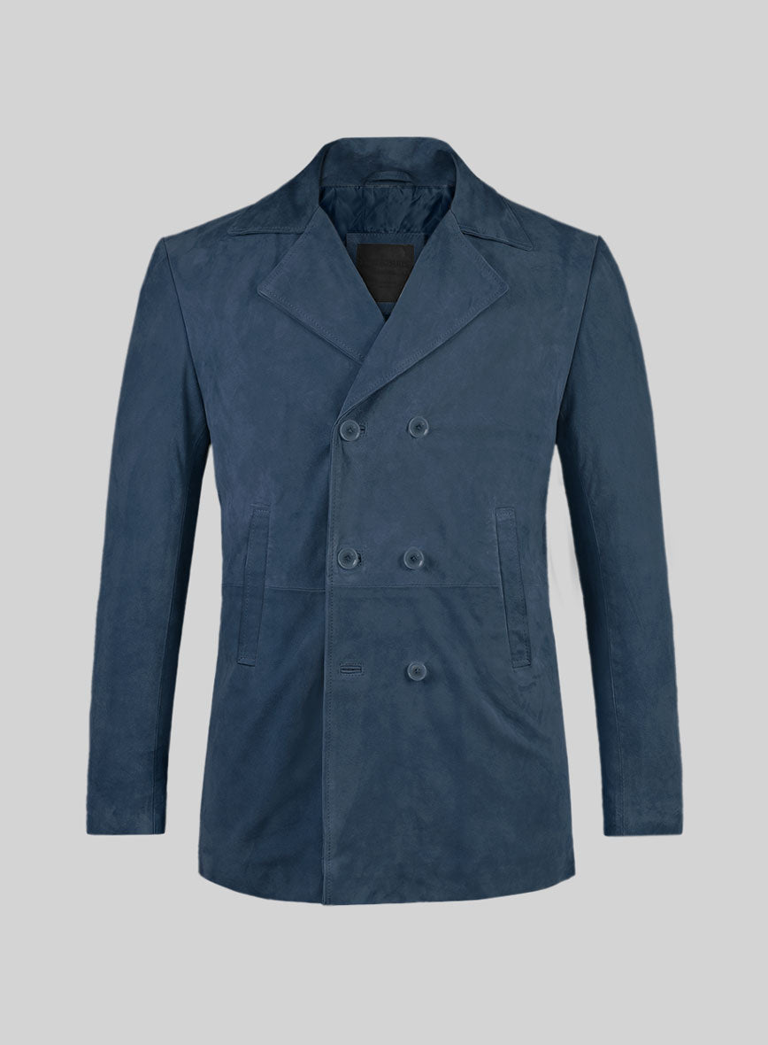 Blue Suede Leather Pea Coat - StudioSuits