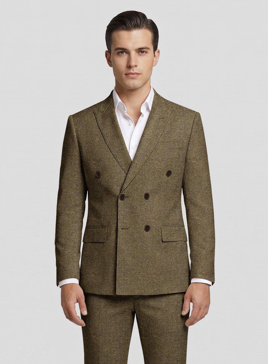 Bottle Brown Herringbone Tweed Double Breasted Jacket - StudioSuits