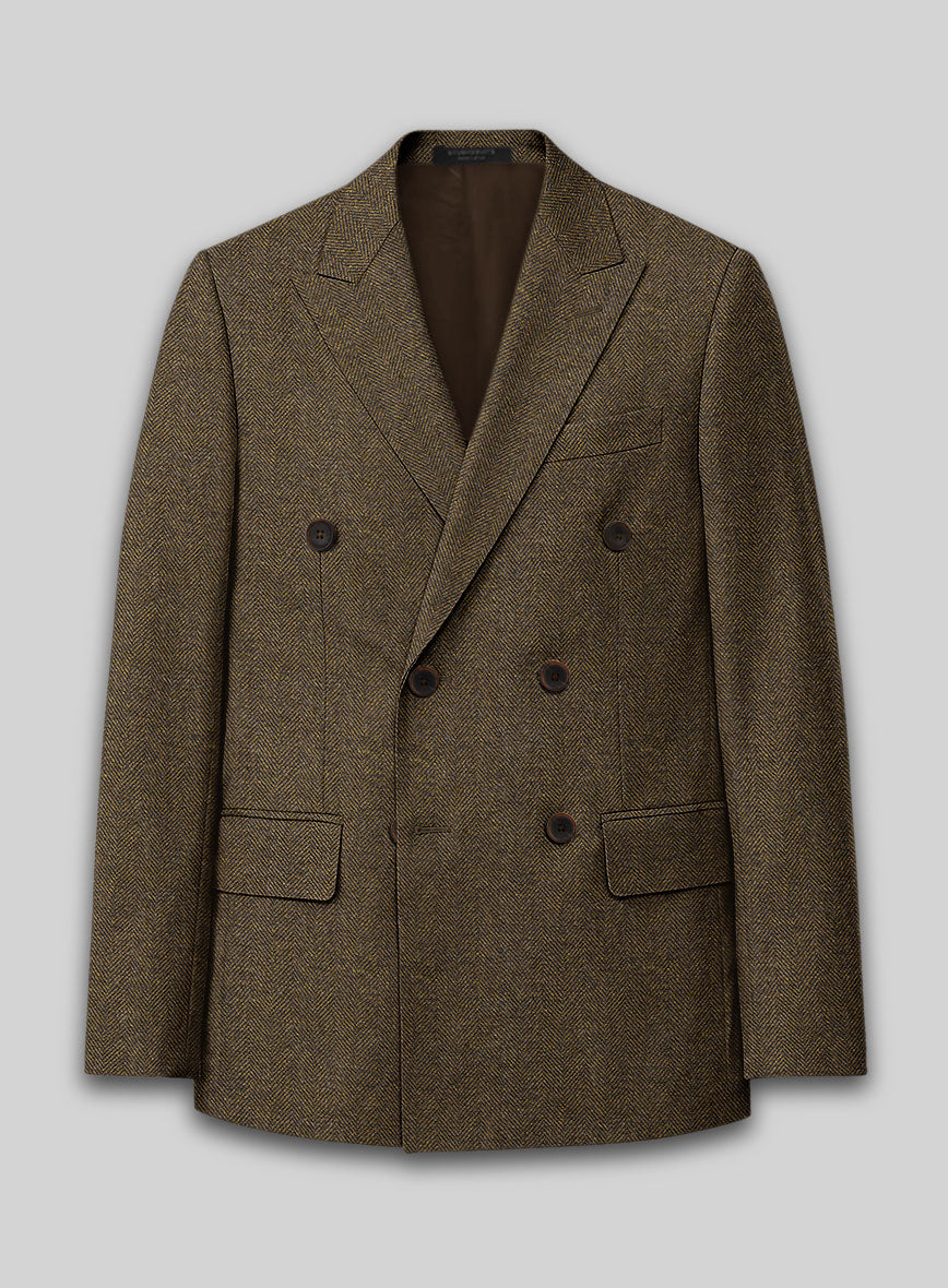 Bottle Brown Herringbone Tweed Double Breasted Suit - StudioSuits