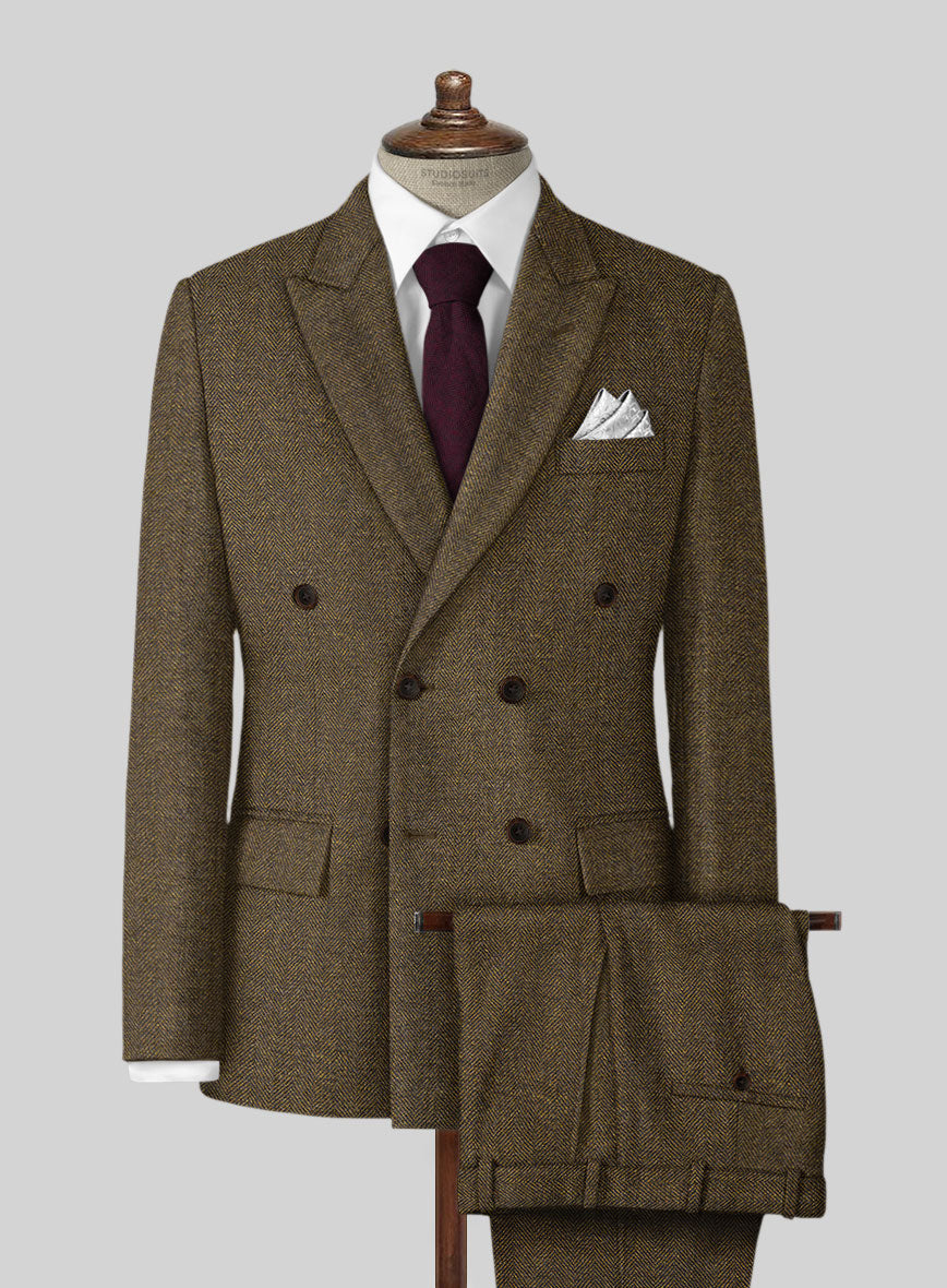 Bottle Brown Herringbone Tweed Double Breasted Suit - StudioSuits