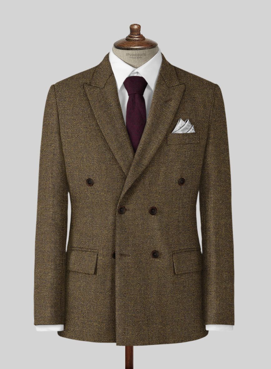 Bottle Brown Herringbone Tweed Double Breasted Suit - StudioSuits