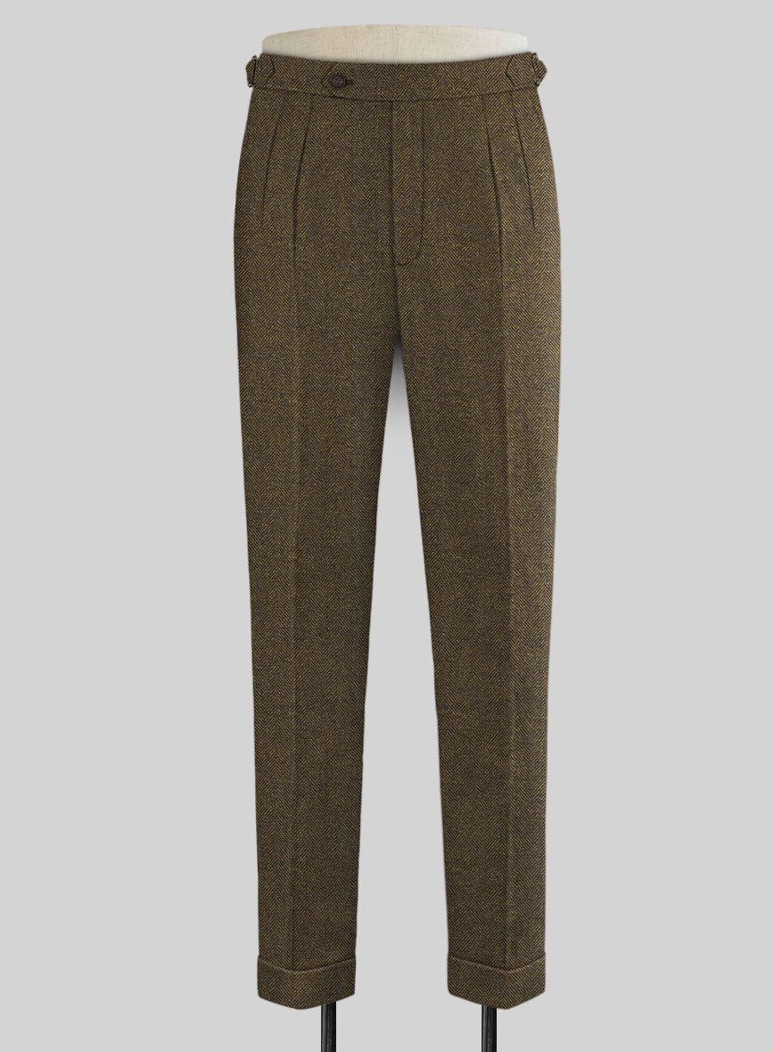 Bottle Brown Herringbone Highland Tweed Trousers - StudioSuits