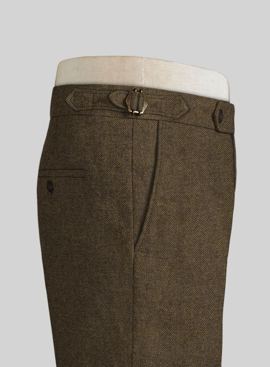 Bottle Brown Herringbone Highland Tweed Trousers - StudioSuits