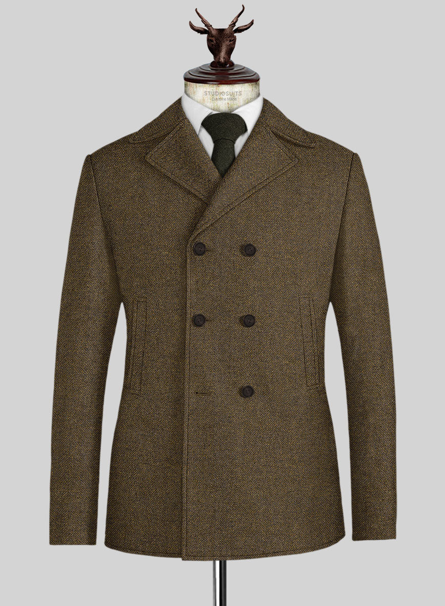 Bottle Brown Herringbone Tweed Pea Coat - StudioSuits