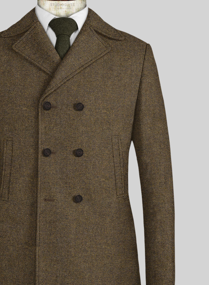 Bottle Brown Herringbone Tweed Pea Coat - StudioSuits