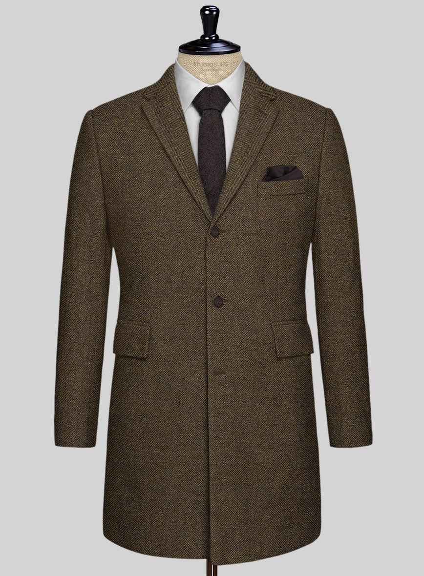Bottle Brown Herringbone Tweed Overcoat - StudioSuits