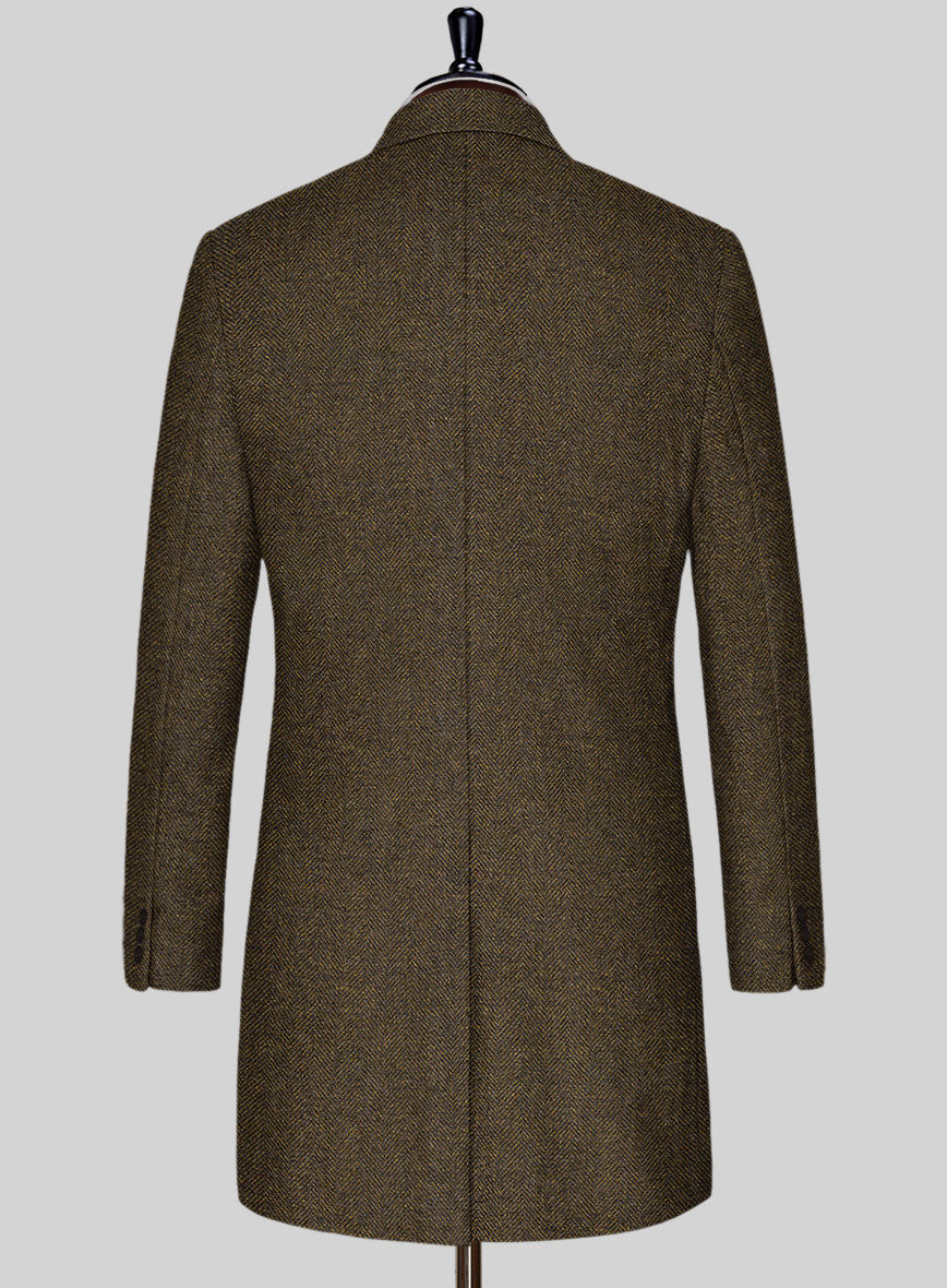 Bottle Brown Herringbone Tweed Overcoat - StudioSuits