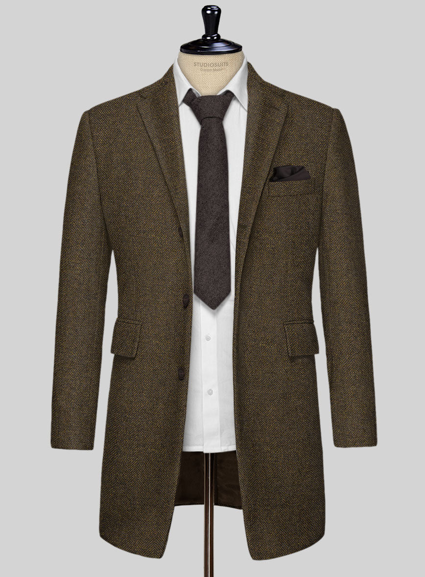 Bottle Brown Herringbone Tweed Overcoat - StudioSuits
