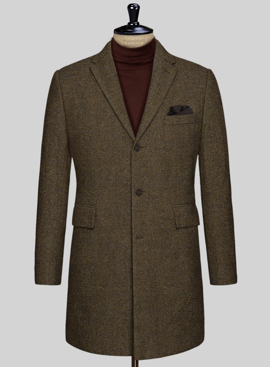 Bottle Brown Herringbone Tweed Overcoat - StudioSuits