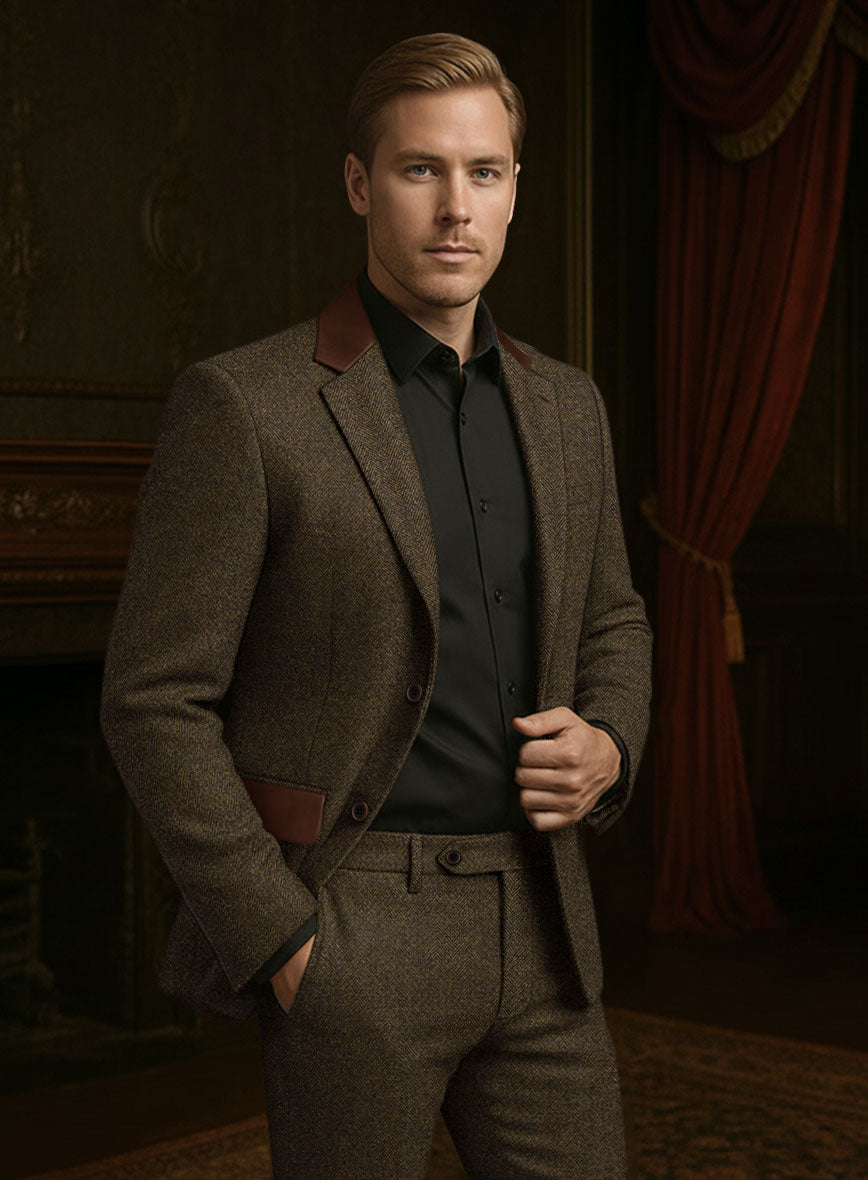 Bottle Brown Herringbone Tweed Suit - Leather Trim - StudioSuits