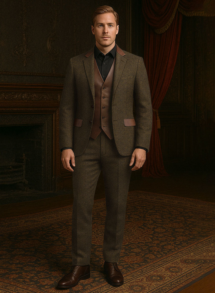 Bottle Brown Herringbone Tweed Suit - Leather Trim - StudioSuits