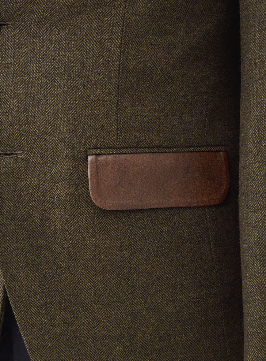 Bottle Brown Herringbone Tweed Suit - Leather Trim - StudioSuits