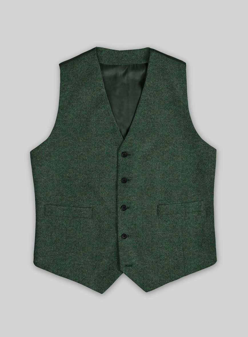 Bottle Green Herringbone Tweed Waist Coat - StudioSuits