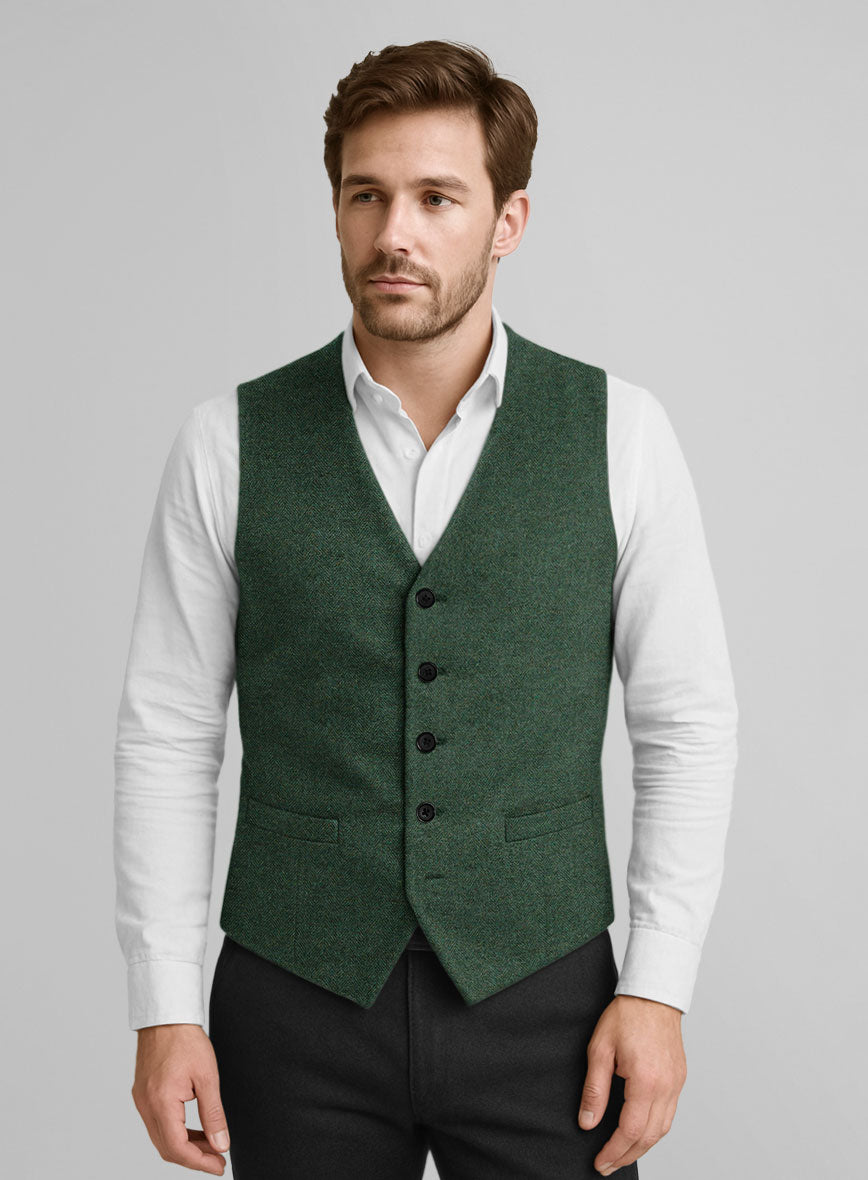 Bottle Green Herringbone Tweed Waist Coat - StudioSuits